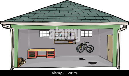 Isolierte Cartoon Garage mit Fahrrad und workbench Stockfoto