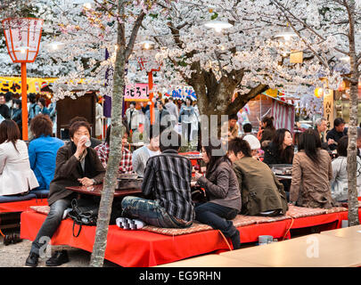 Frühling in Kyoto, Japan. Während der Kirschblütensaison versammeln sich Menschenmassen, um unter den Kirschbäumen im Maruyama Park ein „Hanami“-Picknick zu machen Stockfoto