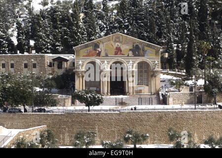 Jerusalem, Israel. 20. Februar, 2015. Der Schnee deckt den Garten Gethsemane am Fuße des Ölbergs in Jerusalem Israel am 20. Februar 2015. Eine Schicht etwa 30 Zentimeter tief das Kapital gedeckt. Straßen in einem führenden it wurden nach und nach am Freitag Nachmittag wieder geöffnet, nachdem er über Nacht geschlossen. © Eddie Gerald/Alamy leben Nachrichten Stockfoto