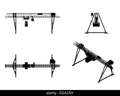 Container-Brücke-Portalkran. Schwarze Silhouette isoliert auf weißem Hintergrund. Rendern des 3D-Modells. Wichtigsten Projektionen und isometrische Stockfoto