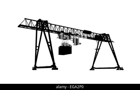 Container-Brücke-Portalkran. Schwarze Silhouette isoliert auf weißem Hintergrund, Modell 3D-Rendering Stockfoto