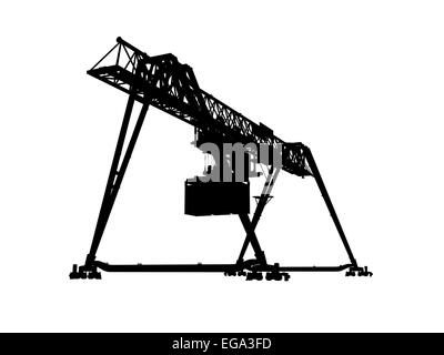 Container-Brücke-Portalkran. Schwarze Silhouette isoliert auf weißem Hintergrund Rendern des 3D-Modells mit Perspektive-Effekt Stockfoto