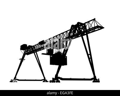 Container-Brücke-Portalkran. Schwarze Silhouette isoliert auf weißem Hintergrund Rendern eines 3D-Modells, Weitwinkel perspektivische Ansicht Stockfoto