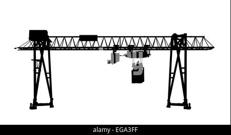 Container-Brücke-Portalkran. Schwarze Silhouette isoliert auf weißem Hintergrund. Rendern des 3D-Modells. Frontalen Perspektive Stockfoto