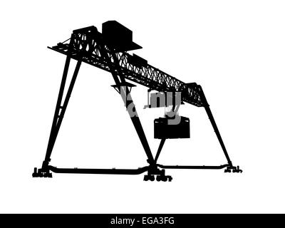 Container-Brücke-Portalkran. Schwarze Silhouette isoliert auf weißem Hintergrund. Rendern eines 3D-Modells, Weitwinkel-Perspektive Stockfoto