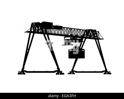 Container-Brücke-Portalkran. Schwarze Silhouette isoliert auf weißem Hintergrund. Rendern eines 3D-Modells, perspektivische Ansicht Stockfoto