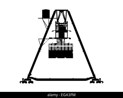 Container-Brücke-Portalkran. Schwarze Silhouette isoliert auf weißem Hintergrund. Rendern eines 3D-Modells, Seitenansicht Stockfoto