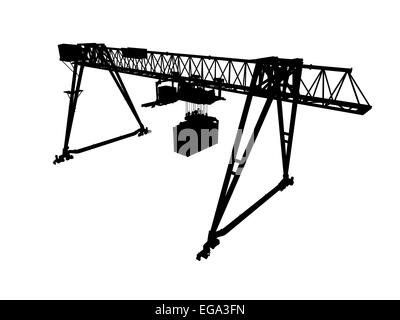 Container-Brücke-Portalkran. Schwarze Silhouette isoliert auf weißem Hintergrund. Rendern eines 3D-Modells, Weitwinkel perspektivische Ansicht Stockfoto