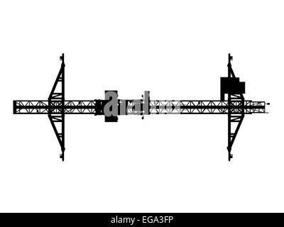 Container-Brücke-Portalkran. Schwarze Silhouette isoliert auf weißem Hintergrund. Rendern des 3D-Modells. Ansicht von oben Stockfoto