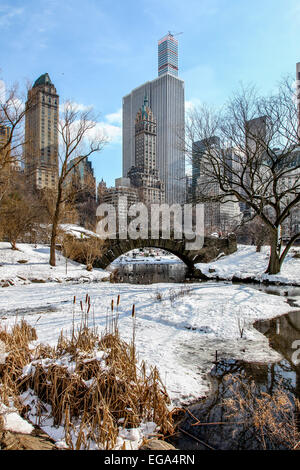 New York, NY, USA. 18. Februar 2015. Zeigen Sie vom Central Park entfernt in der Nähe von Eisbahn im Winter mit Steinbrücke in New York City an. Stockfoto