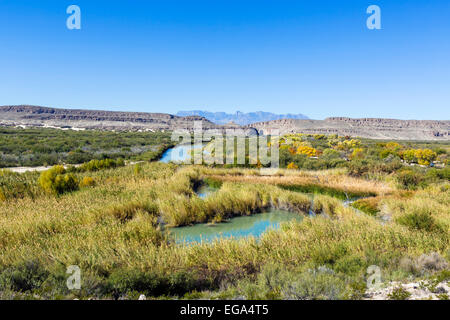 Der Naturlehrpfad im Rio Grande Village mit Blick auf den Rio Grande River und mexikanische Grenze, Big Bend National Park, Texas, USA Stockfoto