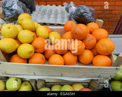 Die Kisten mit Zitronen, Orangen und Äpfel festgelegt auf dem Markt. Stockfoto