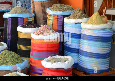 Bunte Gewürz Container und getrockneten Blütenköpfchen, Marrakesch, Marokko Stockfoto