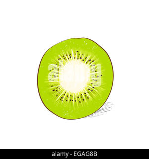 Kiwi schneiden Sie eine halbe Scheibe Farbe Skizze zeichnen isoliert auf weißem Hintergrund Stockfoto