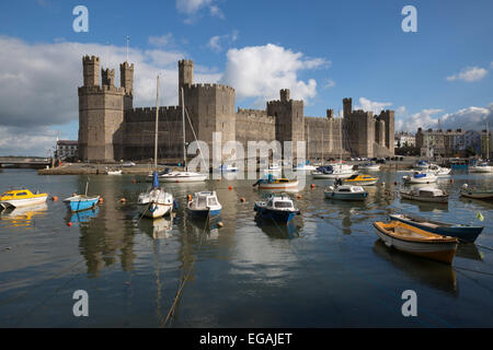 Caernarfon Castle auf dem River Seiont, Caernarfon, Snowdonia, Gwynedd, Wales, Vereinigtes Königreich, Europa Stockfoto