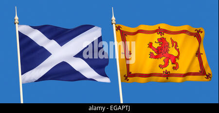 Schottische Flaggen - Nationalflagge (Saltire) und Lion Rampant (Royal Standard of Scotland) Stockfoto