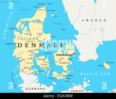 Dänemark Landkarte mit Hauptstadt Kopenhagen, Landesgrenzen, wichtige Städte und Flüsse. Englische Beschriftung und Skalierung. Stockfoto