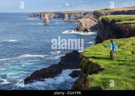 Weibliche Wanderer auf den Loop Head-Abschnitt der Küste, County Clare, Irland Stockfoto