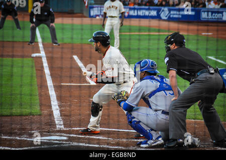 2014 World Series Spiel zwischen den San Francisco Giants und die Kansas City Royals im AT&T Park. Gregor Blanco an bat. Stockfoto