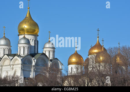 Sehenswürdigkeiten von Moskau, klaren Februar Morgen fotografiert. Goldenen Kuppeln der Kirchen im Moskauer Kreml. Stockfoto