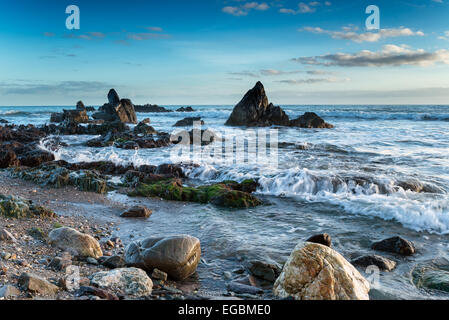 Wellen, die über Felsen am Portwrinkle im Whitsand Bay an der Süd-Ost-Küste von Cornwall Stockfoto