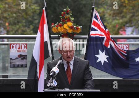 SySydney, Australien. 22. Februar 2015. Demonstranten versammelten sich in Martin Place, Sydney, die 21 ägyptischen koptischen Christen durch die ISIS-Totenkult (Daesh) in Libyen enthauptet zu Ehren. Bildnachweis: Richard Milnes/Alamy Live-Nachrichten Stockfoto