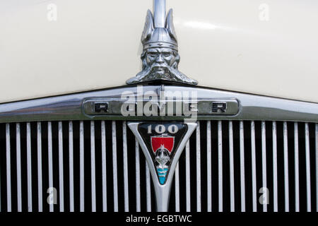 Rover 100 1962 Oldtimer. Nahaufnahme des Rover 100-Logos auf der Vorderseite der Motorhaube, Motorhaube, mit geschnitzter Wikinger-Kühlerhaube Stockfoto