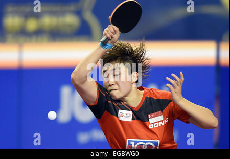 Doha, Katar. 22. Februar 2015. Singapurs Feng Tianwei kehrt den Ball während der Frauen Singles Halbfinale gegen Han Ying Deutschland bei den GAC Gruppe 2015 ITTF World Tour, Qatar Open (Super), in Doha, der Hauptstadt von Katar, 22. Februar 2015. Feng Tianwei verloren ca. 3-4. © Chen Shaojin/Xinhua/Alamy Live-Nachrichten Stockfoto