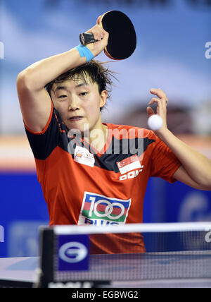 Doha, Katar. 22. Februar 2015. Singapurs Feng Tianwei kehrt den Ball während der Frauen Singles Halbfinale gegen Han Ying Deutschland bei den GAC Gruppe 2015 ITTF World Tour, Qatar Open (Super), in Doha, der Hauptstadt von Katar, 22. Februar 2015. Feng Tianwei verloren ca. 3-4. © Chen Shaojin/Xinhua/Alamy Live-Nachrichten Stockfoto