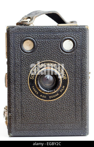 Vintage-Kamera, eine 1939-43 Kodak Six-20 Brownie Junior Box Kamera. 620 wurde die verwendete Filmgröße verwendet. Das war das beliebte Portrait Model. Stockfoto
