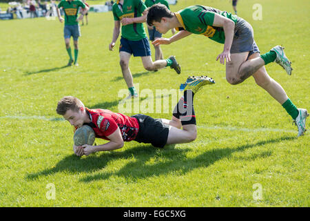 Rugby-Spieler scoring versuchen. Stockfoto