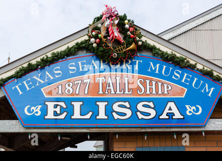 Zeichen für die historischen hohen Schiff Elissa in Texas Seaport Museum, Strand Landmark Historic District, Galveston, Texas, USA Stockfoto