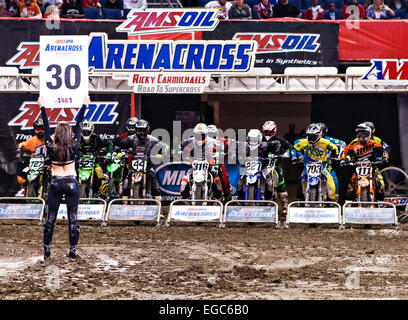 Tampa, Florida, USA. 22. Februar 2015. Fahrer bereit in den Startboxen am AMSOIL Arenacross Amalie Arena in Tampa FL. Credit: Csm/Alamy Live-Nachrichten Stockfoto