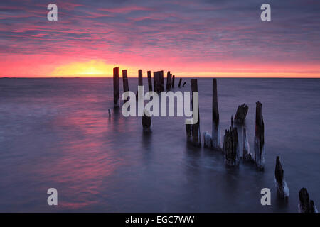 Winter-Sonnenaufgang über der Chesapeake Bay von Nordstrand, Maryland aus gesehen Stockfoto