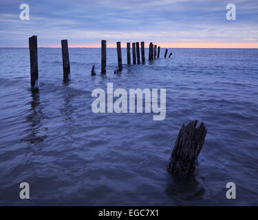 Subtile Winter Sonnenaufgang über der Chesapeake Bay von Nordstrand, Maryland aus gesehen Stockfoto