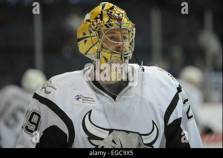 Rosemont, Illinois, USA. 22. Februar 2015. San Antonio Rampage Michael Houser (29) während des Trainings vor dem American Hockey League-Spiel zwischen den Chicago Wolves und die San Antonio Rampage in der Allstate Arena in Rosemont, Illinois. Patrick Gorski/CSM/Alamy Live-Nachrichten Stockfoto