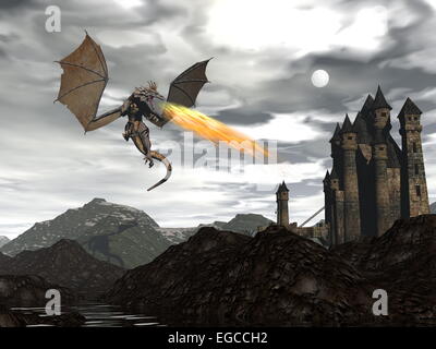 Drachen spucken Feuer auf alte Burg bei Nacht - 3D render Stockfoto
