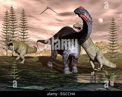 Allosaurus angreifen Apatosaurus Dinosaurier unter Calamite Bäume und Cycas Pflanzen - 3D render Stockfoto