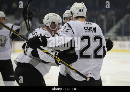 Rosemont, Illinois, USA. 22. Februar 2015. San Antonio Rampage Teamkollegen feiern ein erzielte Tor während der American Hockey League-Spiel zwischen den Chicago Wolves und die San Antonio Rampage in der Allstate Arena in Rosemont, Illinois. Patrick Gorski/CSM/Alamy Live-Nachrichten Stockfoto