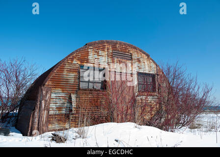 Eine alte verlassene Metall- und Zinn Quonset Hütte umgeben von Unkraut und Sträucher auf den Leslie spucken in Toronto Stockfoto