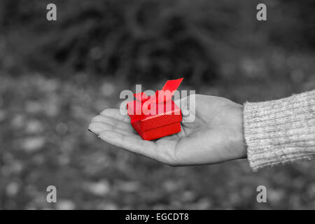 Frau mit einer roten Geschenkbox in schwarz-weiß-Effekt Stockfoto