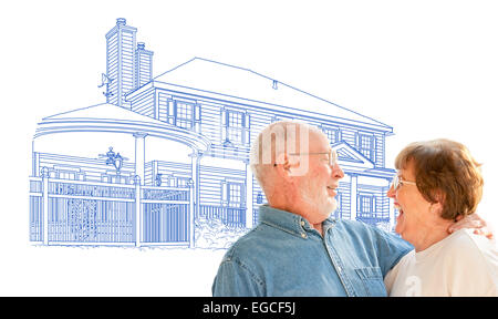 Gerne älteres paar über Haus Zeichnung auf weißem Hintergrund. Stockfoto