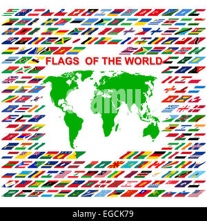 Flaggen der Welt und die Karte auf weißem Hintergrund. Vektor-illustra Stockfoto