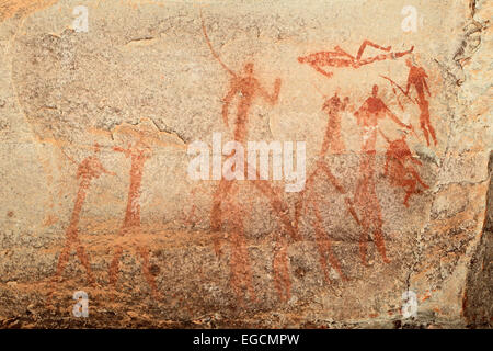 Buschmänner (San) rock Malerei, Darstellung menschliche Figuren, Drakensberge, Südafrika Stockfoto