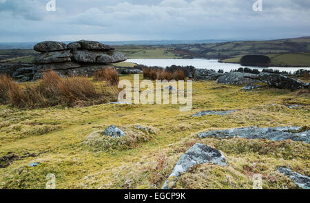 Blick über Tregarrick Tor und Siblyback See von Bodmin Moor im Osten cornwall Stockfoto