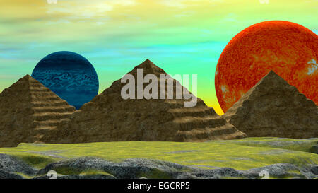 Ferne Welt mit zwei Planeten und drei ägyptischen Stil Pyramiden Stockfoto