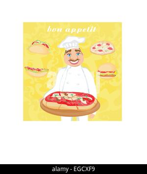 lustige Koch serviert Pizza, abstrakte Karte mit Fast-Food-set Stock Vektor