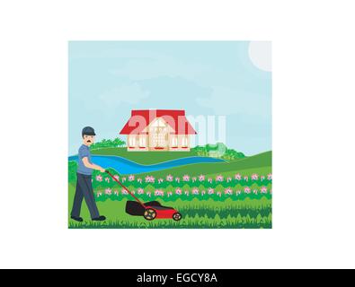 Eine Vektor-Illustration eines Mannes, den Rasen mähen Stock Vektor