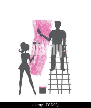 Silhouetten von zwei Menschen, die eine leere Wand Malerei Stock Vektor