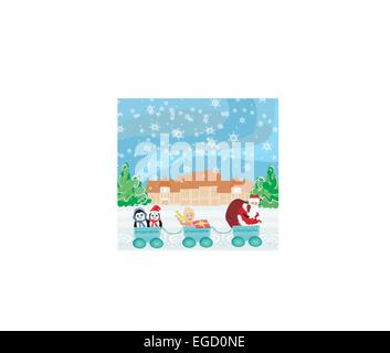 Santa Christmas Train - Baby, Geschenke und Pinguine Stock Vektor